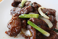 Close-up of Mongolian beef with vegetables