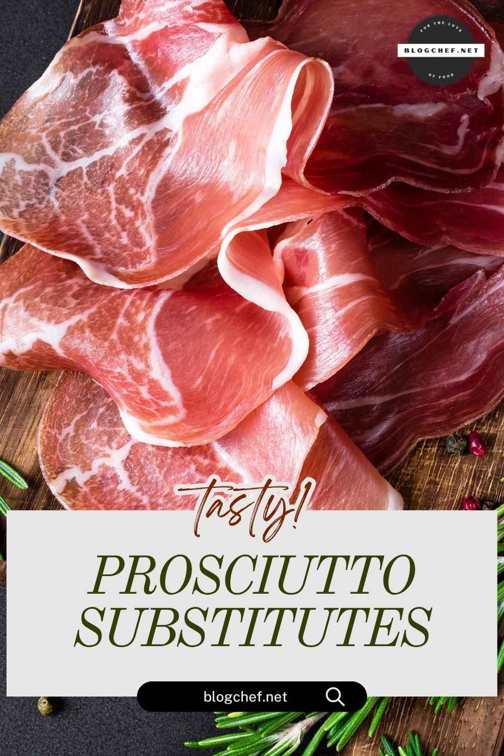 Slices of prosciutto on wooden board with text overlay