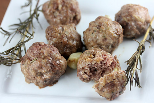 Plate of roasted garlic meatballs