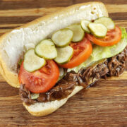 Beef po’ boy sandwich with toppings