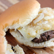 Grilled onion cheddar burger slider on soft bun