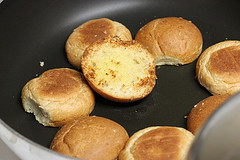 Toasted slider buns in a pan