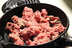 Ground beef cooking in a skillet