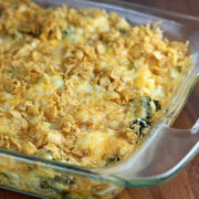 Baked chicken and broccoli casserole in dish
