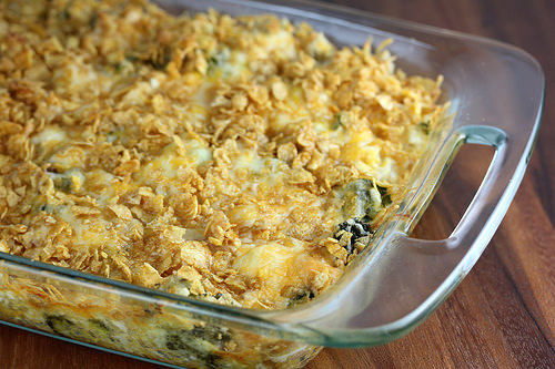 Baked chicken and broccoli casserole in dish