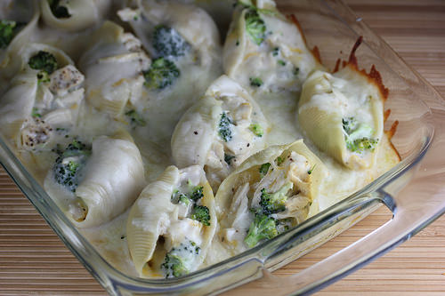 Baked dish of chicken broccoli stuffed shells