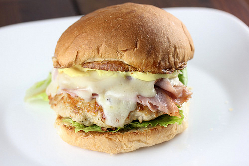 Chicken cordon bleu burger with melted cheese and ham