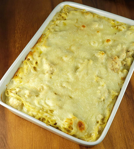 Creamy chicken tetrazzini baked with melted cheese