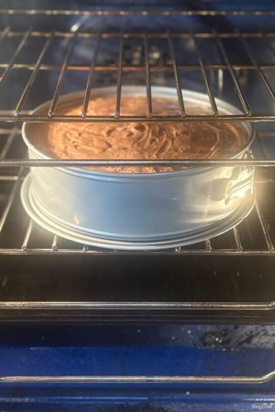 Chocolate cheesecake in the oven 