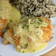 Crispy cheddar chicken served with rice