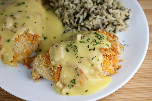 Crispy cheddar chicken served with rice