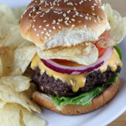 Crunchburger served with potato chips on a plate