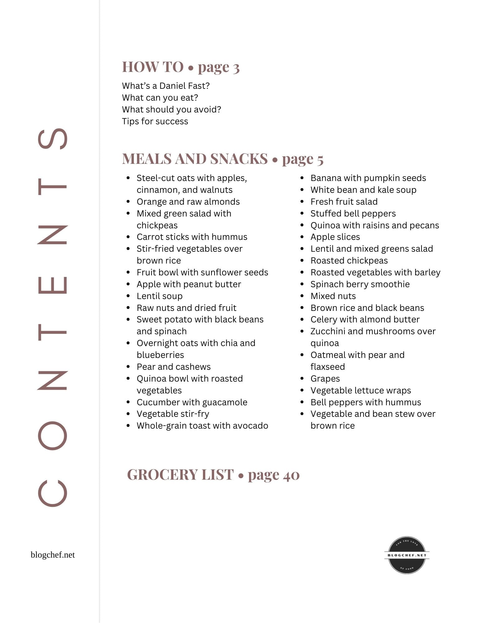 Daniel fast meal plan table of contents