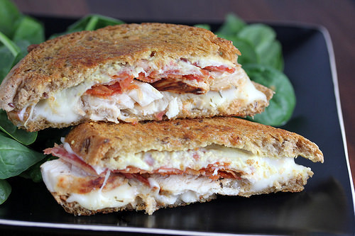 Crispy dijon chicken grilled cheese on a plate