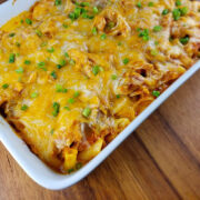 Baked enchilada chicken penne topped with melted cheese