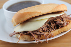 French dip sandwich served with au jus