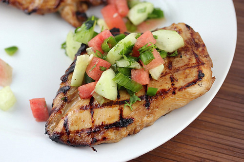 Grilled chicken with watermelon salsa garnish