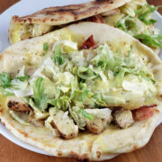 Honey mustard chicken flatbreads with lettuce and tomato