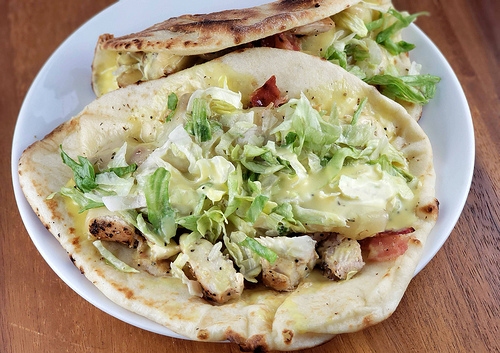 Honey mustard chicken flatbreads with lettuce and tomato