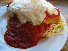 Chicken parmesan over pasta