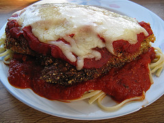 Breaded chicken parmesan on pasta