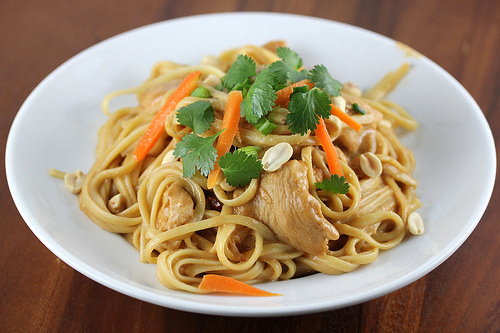 Thai chicken pasta with peanuts and cilantro