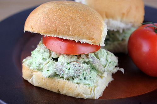 Basil chicken salad sandwich with tomato