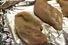 Chicken breasts on foil lined tray