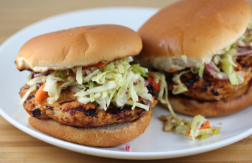 Bbq chicken burgers served on buns