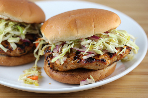 Grilled chicken burgers with cabbage slaw