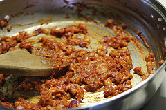 Barbecue sauce simmering in skillet