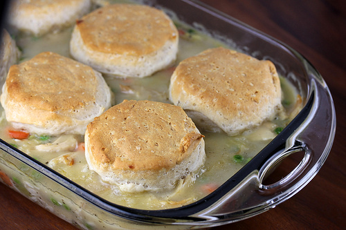 Baked chicken and biscuit casserole fresh from oven