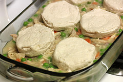 Chicken and vegetable casserole topped with biscuit dough