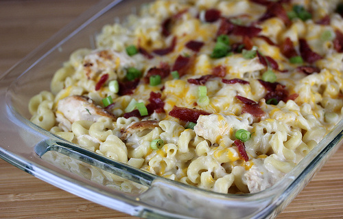 Chicken bacon ranch mac and cheese in baking dish