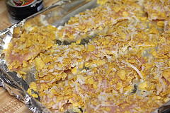 Coconut crusted chicken prepared for bakingCoconut crusted chicken prepared for baking