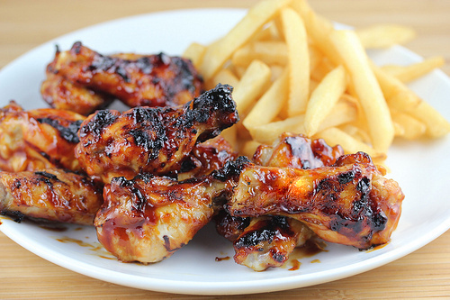 Sticky honey bbq wings on white plate