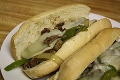Philly cheesesteak on a hoagie roll