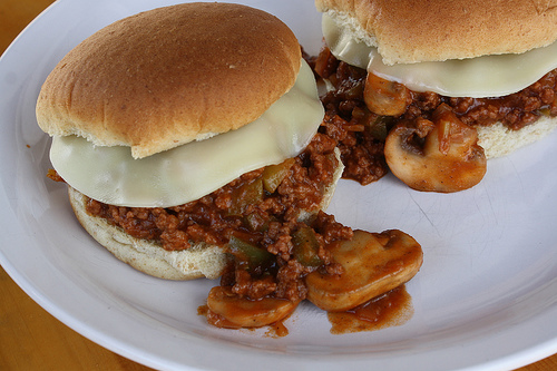 Close-up of sloppy joe sandwich with mushrooms
