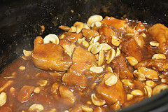 Chicken and cashews cooking in slow cooker