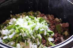 Chopped onions and green peppers added to chili