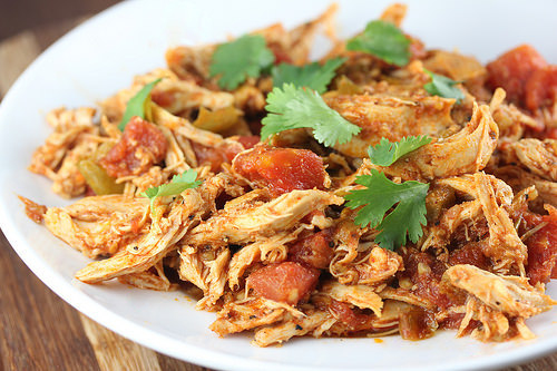 Close-up of Mexican shredded chicken with cilantro