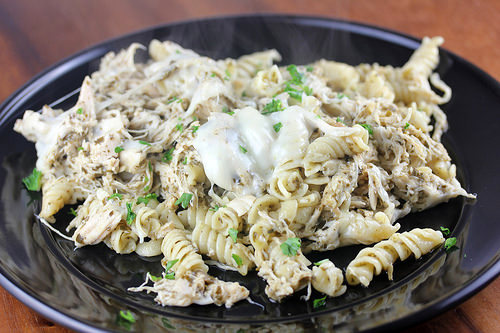 Creamy slow cooker mozzarella chicken pasta with rotini