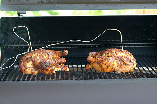 Two smoked chickens cooking with probes