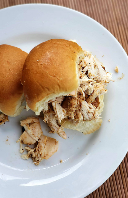 Shredded smoked chicken on soft buns