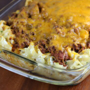 Close view of baked sour cream noodle casserole