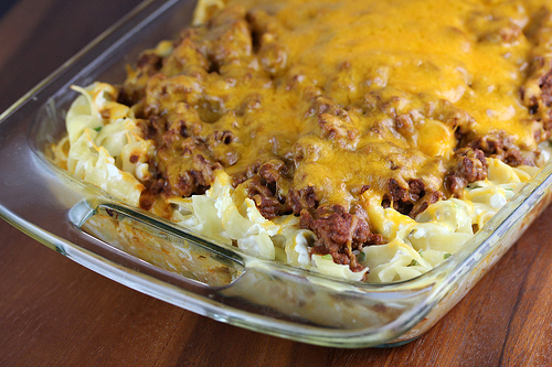 Close view of baked sour cream noodle casserole
