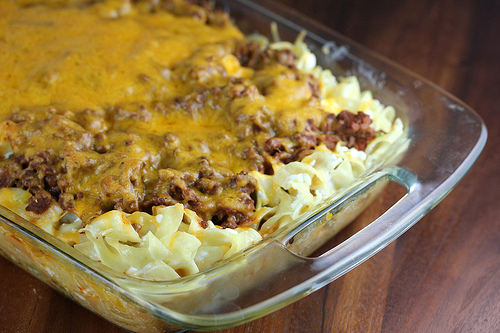 Sour cream noodle bake with beef and melted cheese