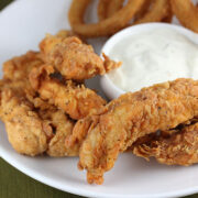 Crispy fried chicken strips with dipping sauce