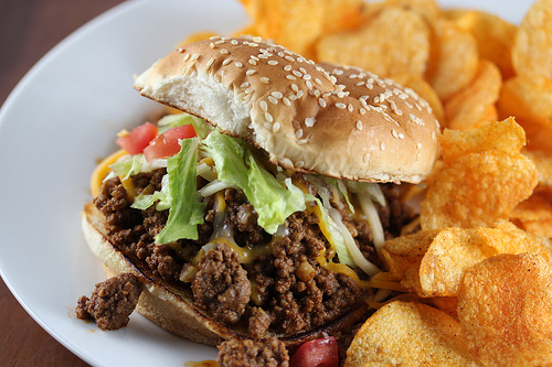Taco sloppy joe sandwich with chips