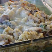Creamy chicken alfredo casserole with broccoli and mushrooms